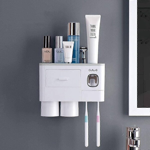Automatic Toothpaste Dispenser with Wall Mounted Toothbrush Holder, 6 Toothbrush Slots, 2 Cups(Gray), Toothbrush Holder Storage Shelf with Toothpaste