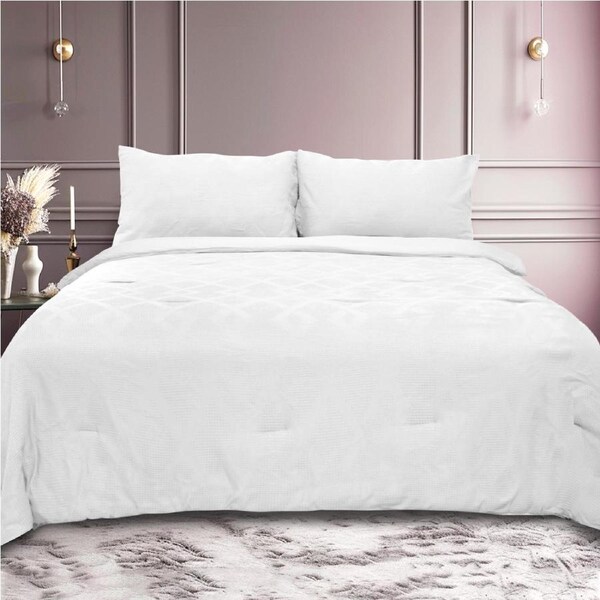 Ramesses 3 Piece Jacquard Waffle Comforter Set Queen / White