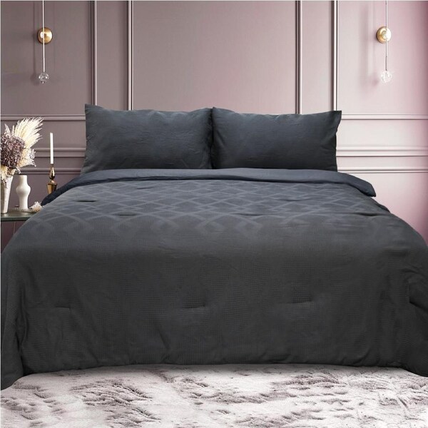 Ramesses 3 Piece Jacquard Waffle Comforter Set Grey / Queen