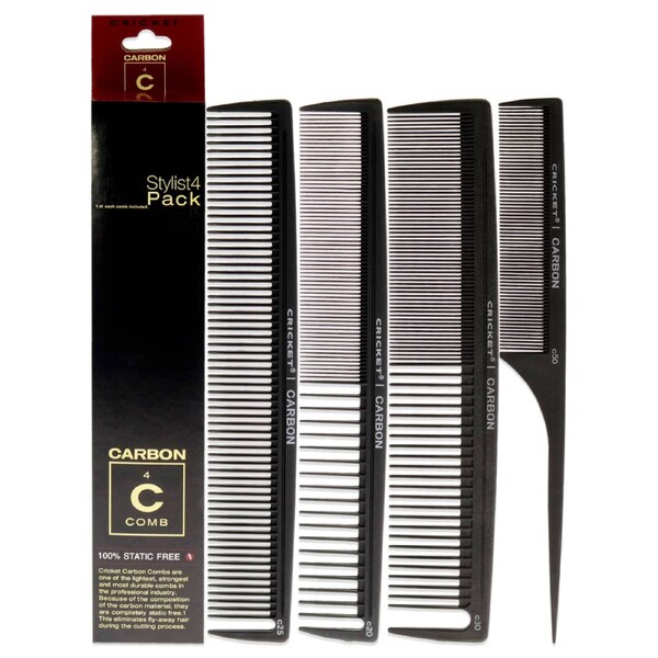 Carbon Comb Stylish 4-Pack Set by Cricket for Unisex - 4 Pc Set 1Pc All Purpose Cutting Comb - C20, 1Pc Multi Purpose Comb - C25, 1Pc Power Comb - C30, 1Pc Fine Toothed Rattail Comb - C50 4 Pc Set
