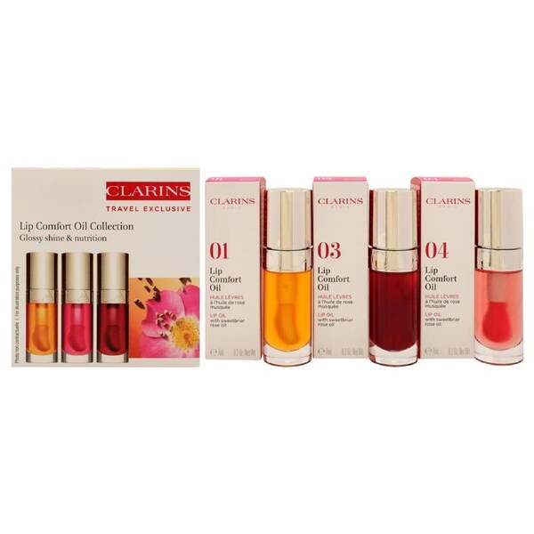 Lip Comfort Oil Collection by Clarins for Women - 3 x 0.2 oz Lip Oil - 01 Honey, Lip Oil - 03 Cherry, Lip Oil - 04 Pitaya 3 x 0.2 oz