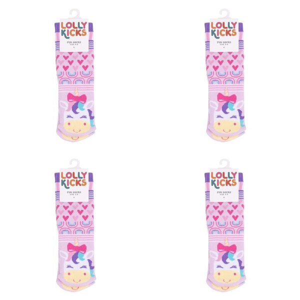 4x Splosh Lolly Kicks Kids/Children Unicorn Cotton Play Socks Pink/Purple 9-12