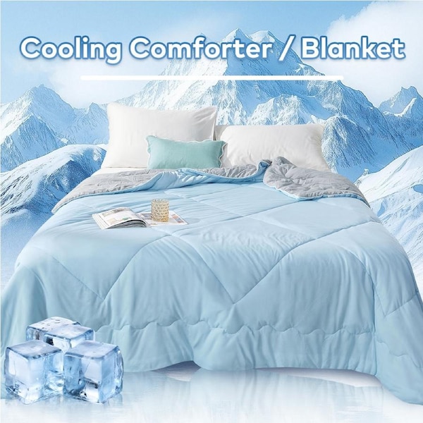LINENOVA Cooling Comforter/Blanket,Lightweight Cool Blankets for Hot Sleepers and Night Sweats, Soft Breathable Summer Comforter 4 Colors Choice Queen / Ice Blue