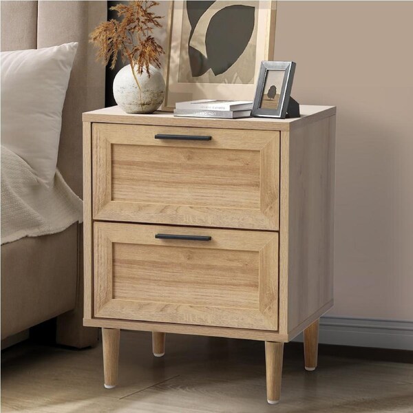 Oikiture Bedside Table Nightstand 2 Drawers Side End Table Bedroom Storage Natural