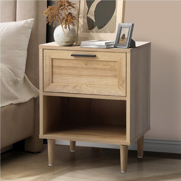 Oikiture Bedside Table Nightstand Side End Table Bedroom Storage Cabinet Natural