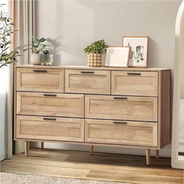 Oikiture 7 Chest of Drawers Dresser Chest Storage Cabinet Tallboy Natural