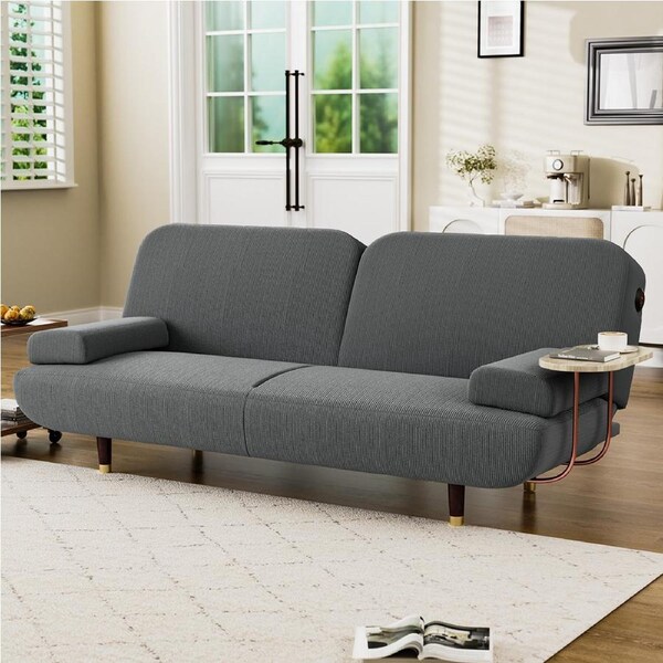 Levede 3-Seater Convertible Sofa Bed with USB Charging & Side Table – Khaki/Grey Grey