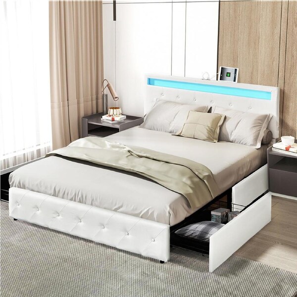 Levede Bed Frame with LED 4 Drawers USB Charge White Double/Queen Queen
