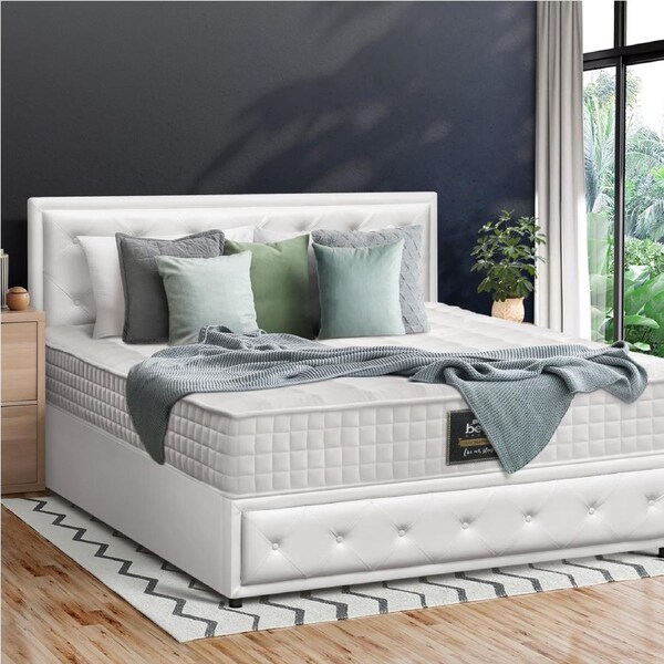 Oikiture Bed Frame Queen Double King Single Gas Lift Storage Base w/ Mattress White Double