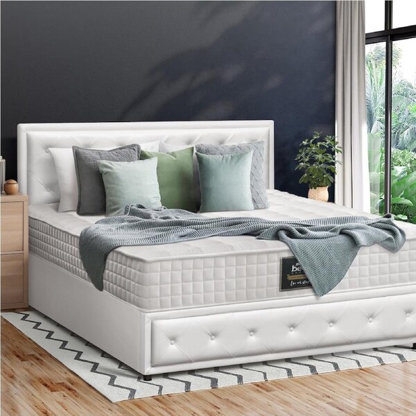 Oikiture Bed Frame Queen Double King Single Gas Lift Storage Base w/ Mattress White Queen