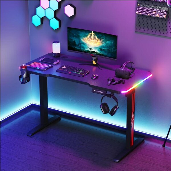 Advwin Electric Standing Desk Gaming Desk RGB LED Sit Stand Desk Height Adjustable Carbon Fiber Desktop Black/White 120cm/140cm Black 120cm