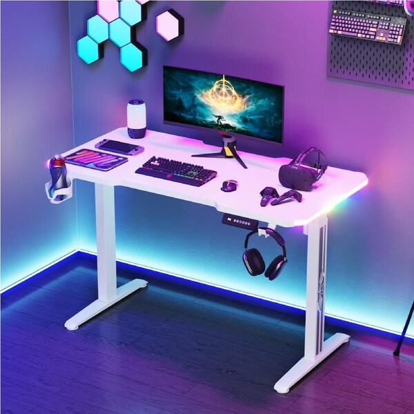 Advwin Electric Standing Desk Gaming Desk RGB LED Sit Stand Desk Height Adjustable Carbon Fiber Desktop Black/White 120cm/140cm White 120cm