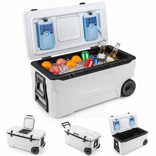 Costway 70L Insulated Hard Cooler Portable Rolling Molded Ice Chest Wheels Handles Phone & Cup Holders 152 Hours White