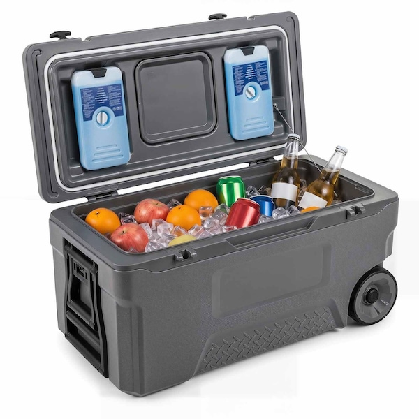 Costway 70L Insulated Hard Cooler Portable Rolling Molded Ice Chest Handles Bottle Opener Fish Ruler 152 hours Grey