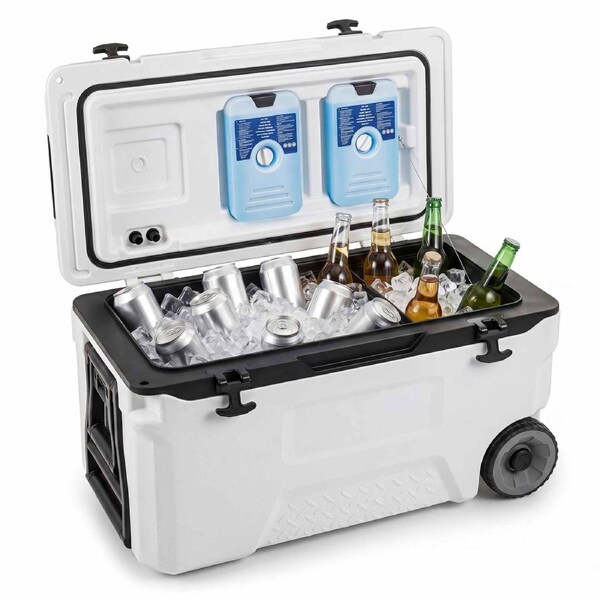 Costway 50L Insulated Hard Cooler Portable Rolling Molded Ice Chest Handles Bottle Opener Fish Ruler 151 Hours White