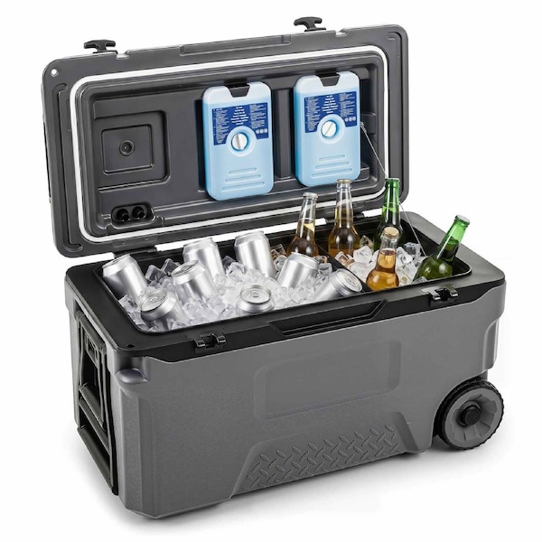 Costway 50L Insulated Hard Cooler Portable Rolling Molded Ice Chest Handles Bottle Opener Fish Ruler 151 hours Grey