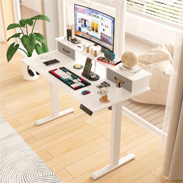 Advwin Electric Standing Desk Height Adjustable with Monitor Stand & Power Outlets Black/Walnut/White White with Drawer