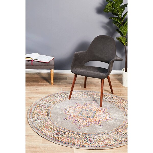 Rug Culture Grey & Multi Oriental Vintage Look Round Rug 200X200CM