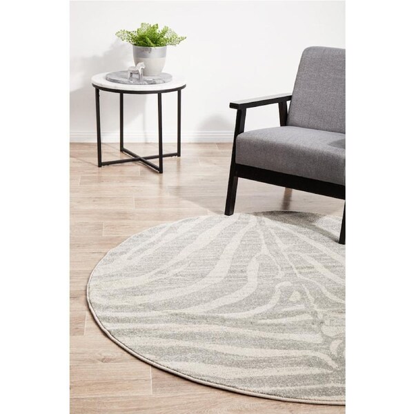 Rug Culture Silver & Off White Zebra Print Durable Round Rug 200X200CM