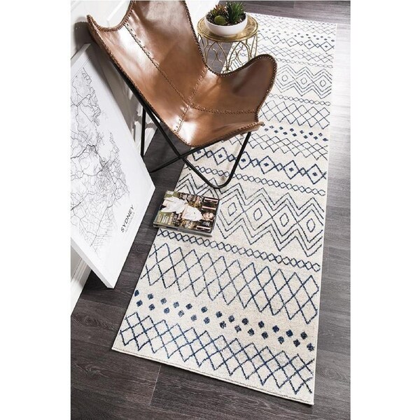 Rug Culture Bone Ivory & Blue Scandi Durable Runner Rug 400X80CM