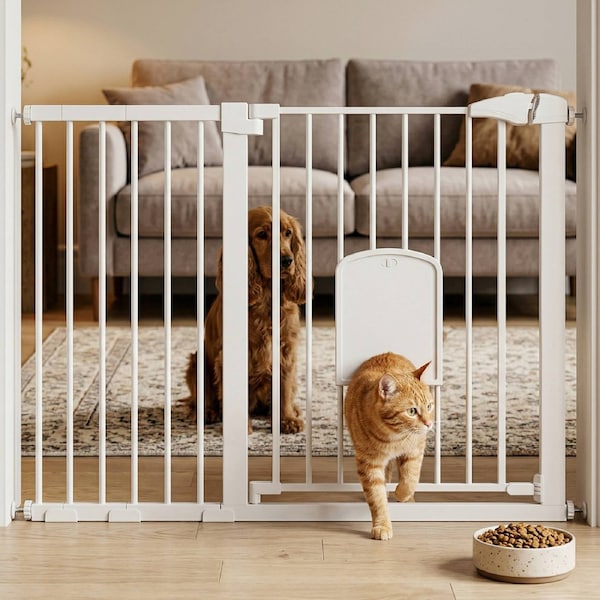 Advwin Retractable Dog Safety Gate with Cat Door for Doorways Hallways Stairs