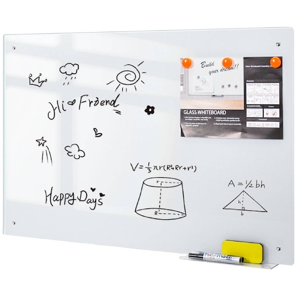 60x90cm Magnetic Glass Whiteboard Wall-mounted Dry Erase Board Frameless Tempered Glass White Board with Markers Magnets and Eraser for Home Office