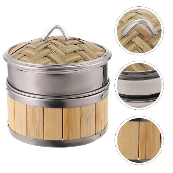 OzOffer 1 Set Bamboo Steamer Kitchen Food Steamer Steamer Basket with Lid Cooking Tool