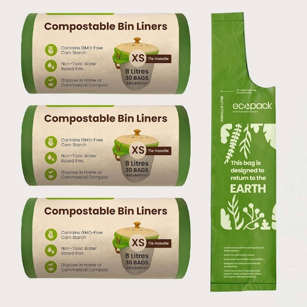 Ecopack 8L Green Compostable Bin Liners Bundle (3 Rolls/90 Bags)