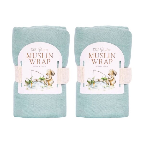 2PK Tiny Wonders Bamboo Muslin Wrap Soft Baby Blanket & Swaddle Sage 105x105cm