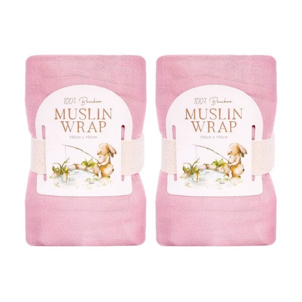2PK Tiny Wonders Bamboo Muslin Wrap Soft Baby Blanket & Swaddle Pink 105x105cm