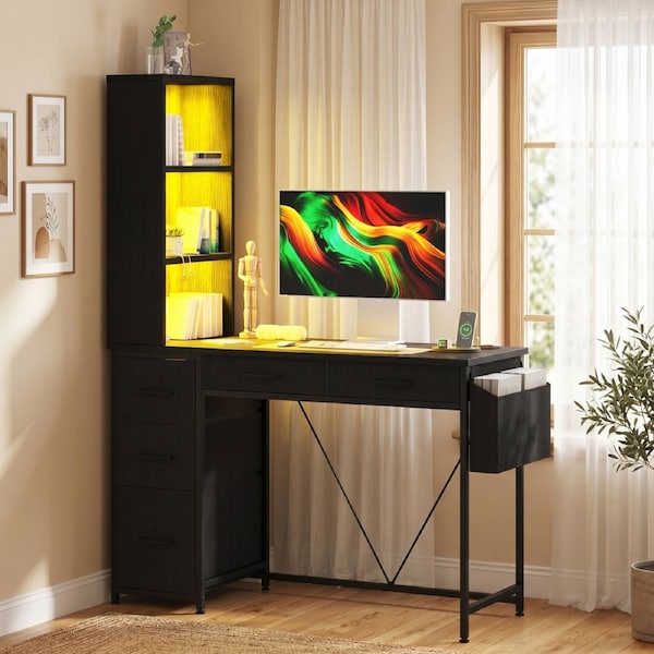 Advwin Computer Desk with Reversible Bookshelf LED Gaming Desk Home Office Desk, Black