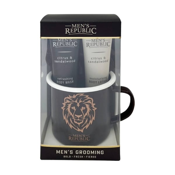 4pc Men's Republic Grooming Set With Mug Body Wash Lotion Shower Loofah