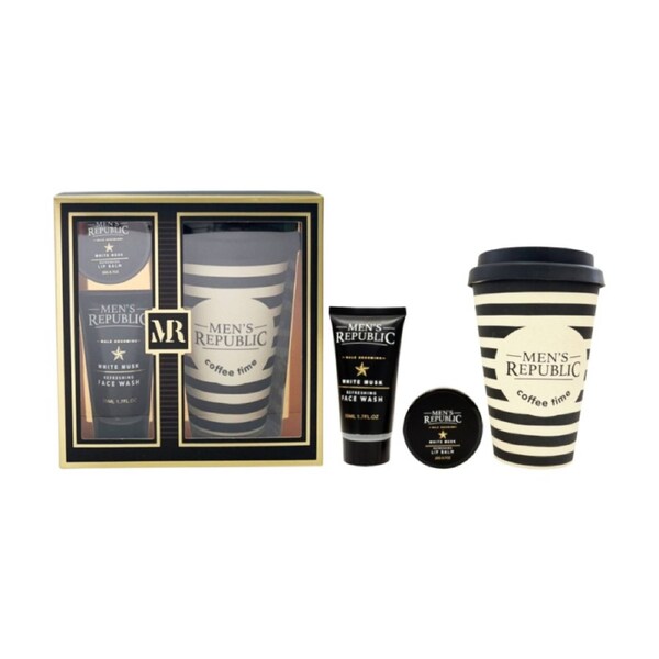 3pc Men's Republic Grooming Kit With Coffee Mug Face Wash Lip Balm 70ml