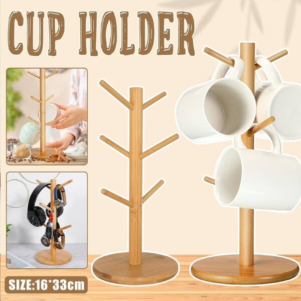 Premium Bamboo Cup Holder Rack - 6 Branches