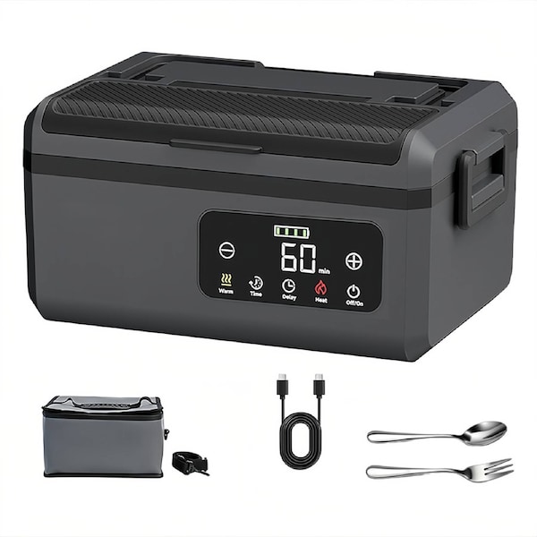 Catzon 1.5L Heated Lunch Box Set Rechargeable Food Warmer for Office Camping-Grey