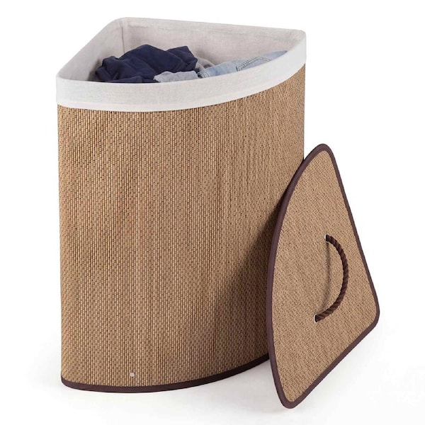 Costway Bamboo Laundry Hamper w/Lid 57L Clothes Hamper Basket Removable Liner Interior Metal Frame Handles Corner Brown