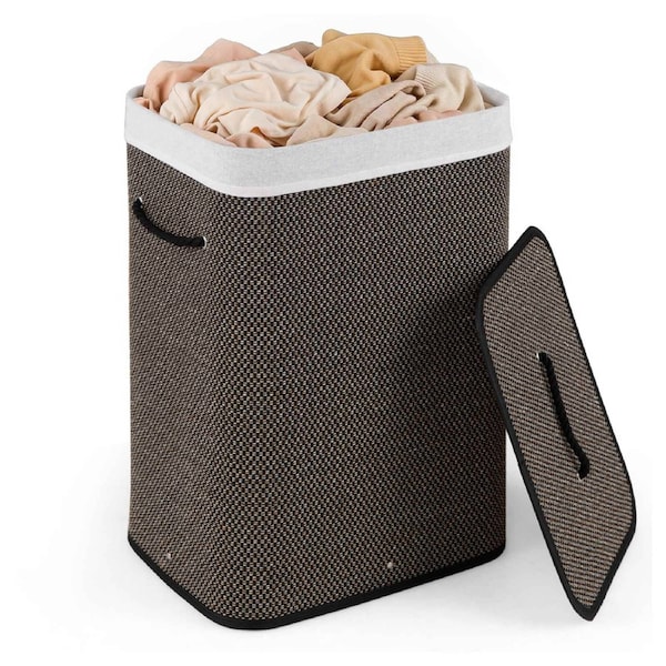 Costway Bamboo Laundry Hamper 72 L Clothes Basket Lid Removable Liner Handles Interior Metal Frame Rectangular Black