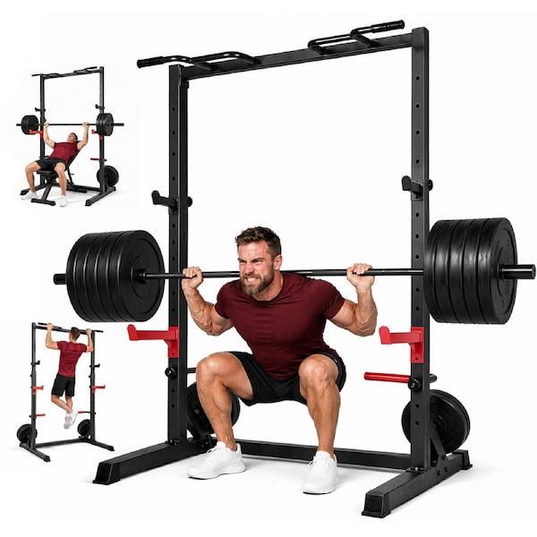 Advwin Adjustable Squat Rack with Pull Up Bar, Multi-Function Power Rack for Home Gym, 9-Level Height Adjustment, Dip Bars, Weight Plate Storage, Heavy Duty Steel Frame, 300kg Capacity