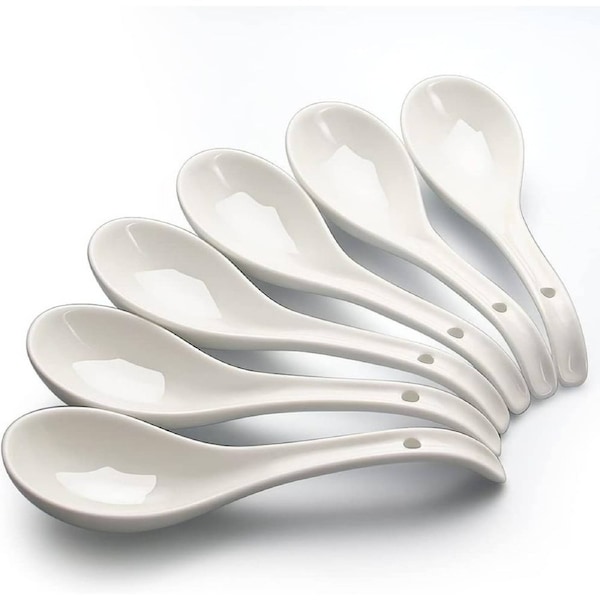 Soup Spoons, 6.7 inch Ceramic Soup Spoon, Asian Soup Spoons, White Chinese Spoon Large for Ramen Pho Wonton Dumpling Miso, 6 Pieces