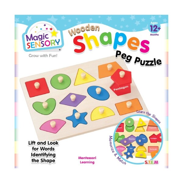 12pc Magic Sensory Wooden Shape Match Pin Puzzle Educational Toy 12m+