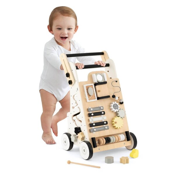 Babyjoy Toddler Push Walker Activity Center Toy w/Height Adjustable Handles & Smooth Rubber Wheels for Boys & Girls Natural