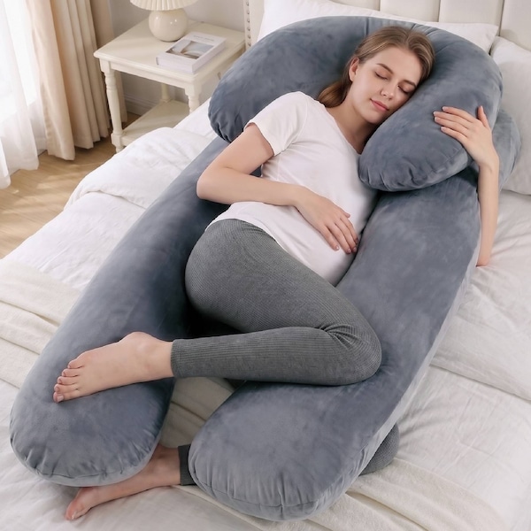 Advwin U-Shaped Full Body Pregnancy Pillow and & C-Shape Headrest Set for Sleeping Maternity Pillow with Removable Cover Grey