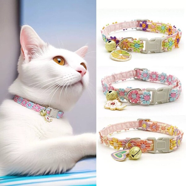 3 Pack Fashion Rainbow Lace Flower Cat Collar with Bell Adjustable Buckle Cat Necklace Pet Collar