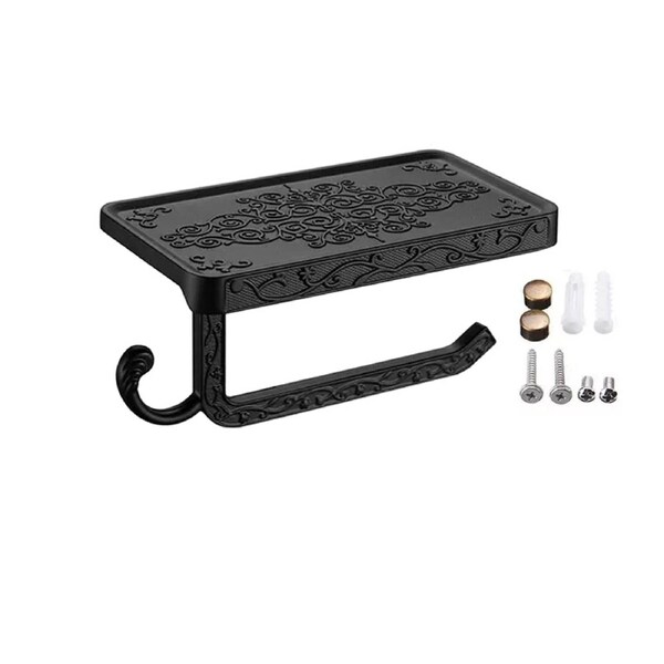 Black Toilet Paper Holder with Phone Shelf, Aluminum Vintage, Bathroom Paper Towel Rack