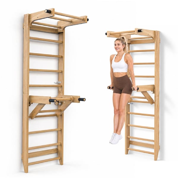 Advwin Swedish Ladder Wall Gym, Wooden Suspension Trainer with Pull-up Bar & Adjustable Dip Station for Home Gym, Swedish Ladder for Adults, Stretching & Bodyweight Exercise, 150KG Capacity