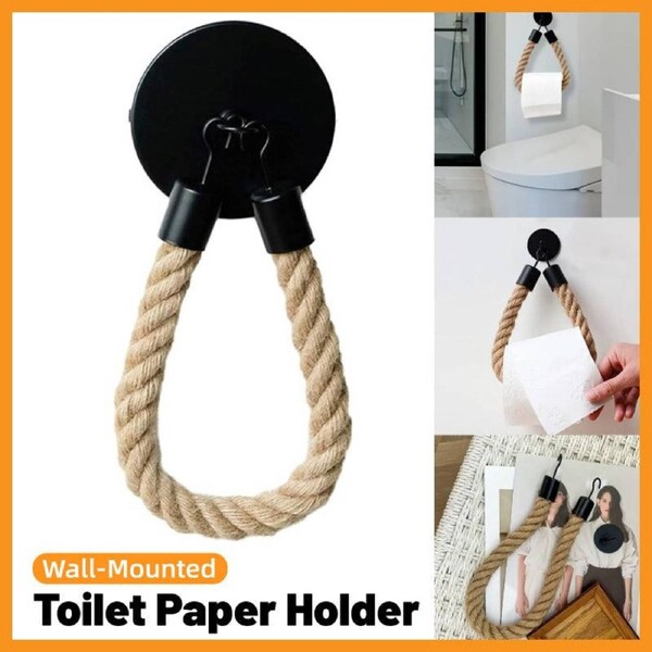 Premium Matte Black Wall Mounted Paper Towel Holder - Hemp Rope