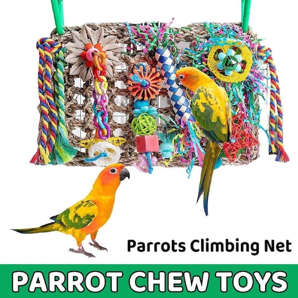 Parrot Gnawing Toy - Woven Grass Net, Colourful Chew Toy, 30cm x 21cm