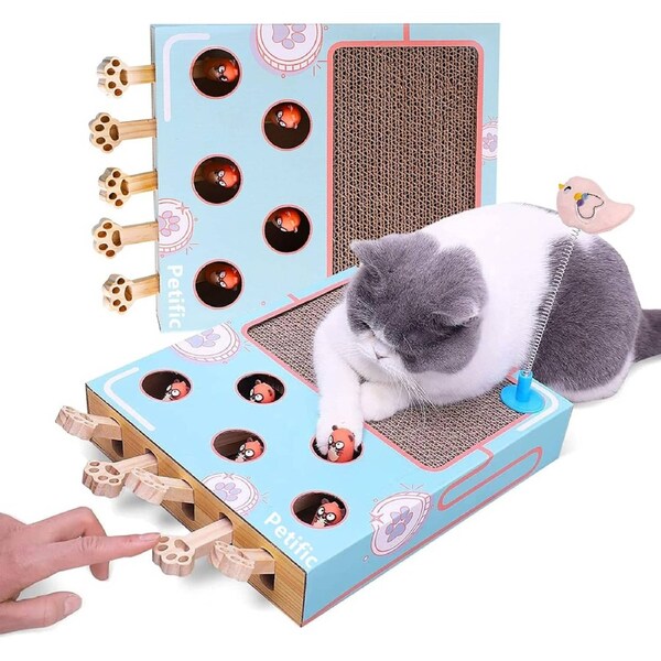 3-in-1 Thick Corrugated Cat Scratcher Pad, Multi Functional Scratch Toy with Whack-a-Mole Game & Cat Stick for Indoor Cats