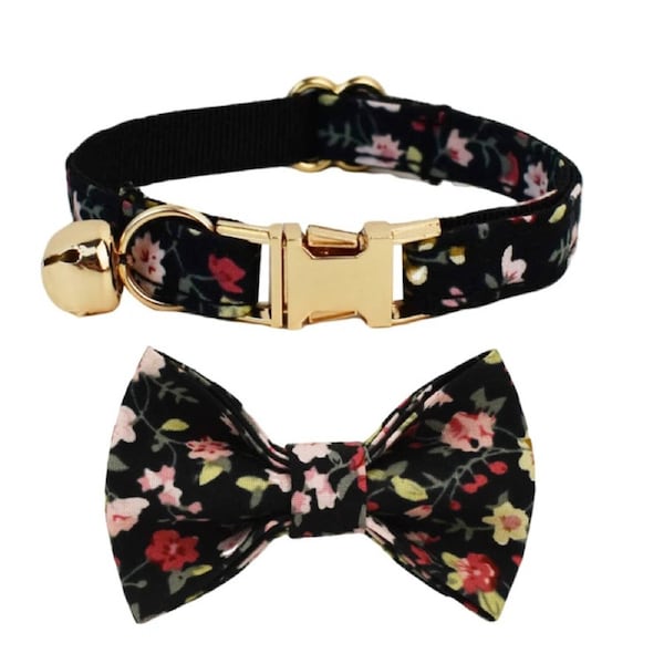Anypet Floral Vines Black Bow Cat Collar Small With Bell
