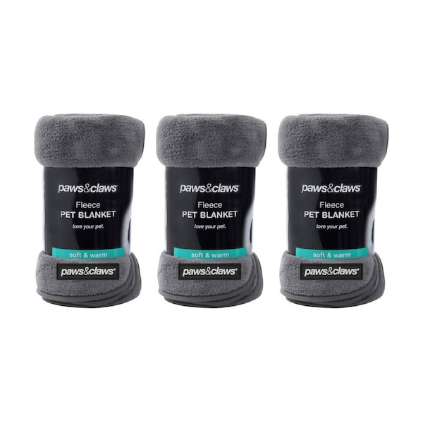 3PK Paws And Claws Pet Dog Cat Coral Fleece Blanket Dark Grey 130x100cm